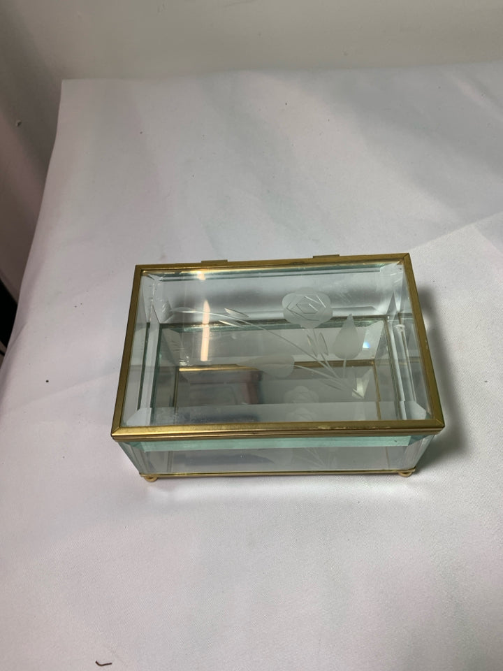 JEWELRY BOX GLASS GOLD TRIM WITH MIRROR BOTTOM.