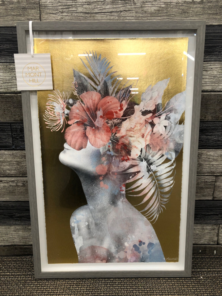 SHADOW BOX GREY FRAME W/ WOMAN WITH FLOWER BOUQUET AS HAIR GOLD BACKGROUND.