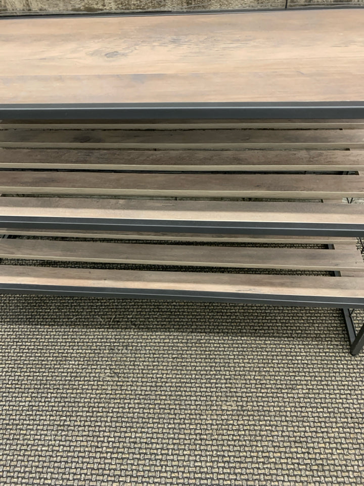 MODERN INDUSTRIAL SHOE-RACK W/GRAY WOOD & 2 SHELVES.