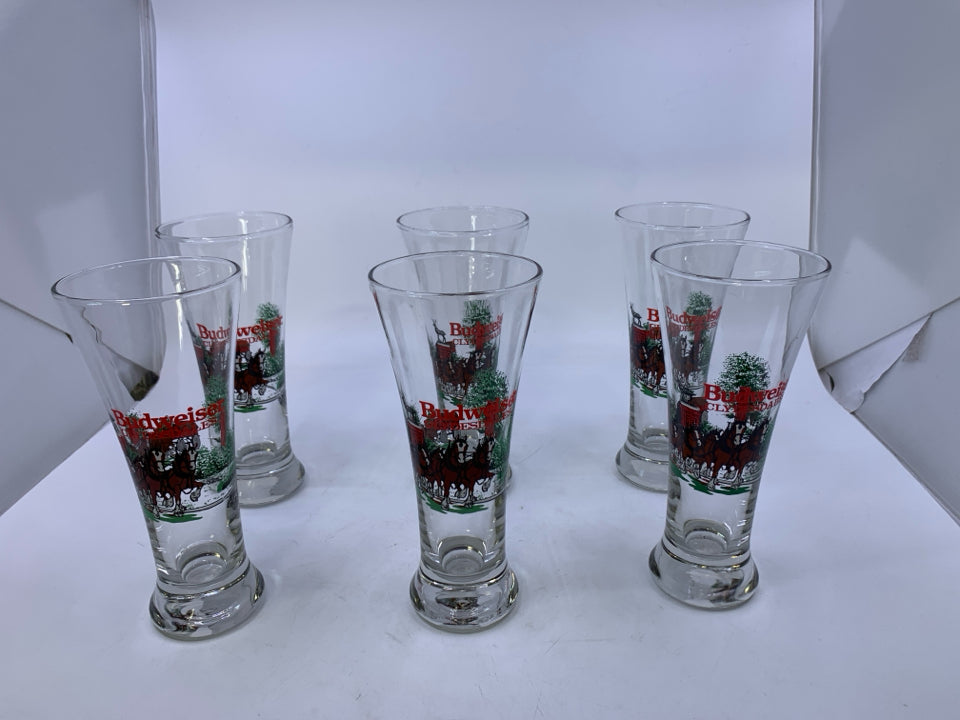 VTG 6 BUDWEISER CLYDESDALES PILSNER GLASSES.