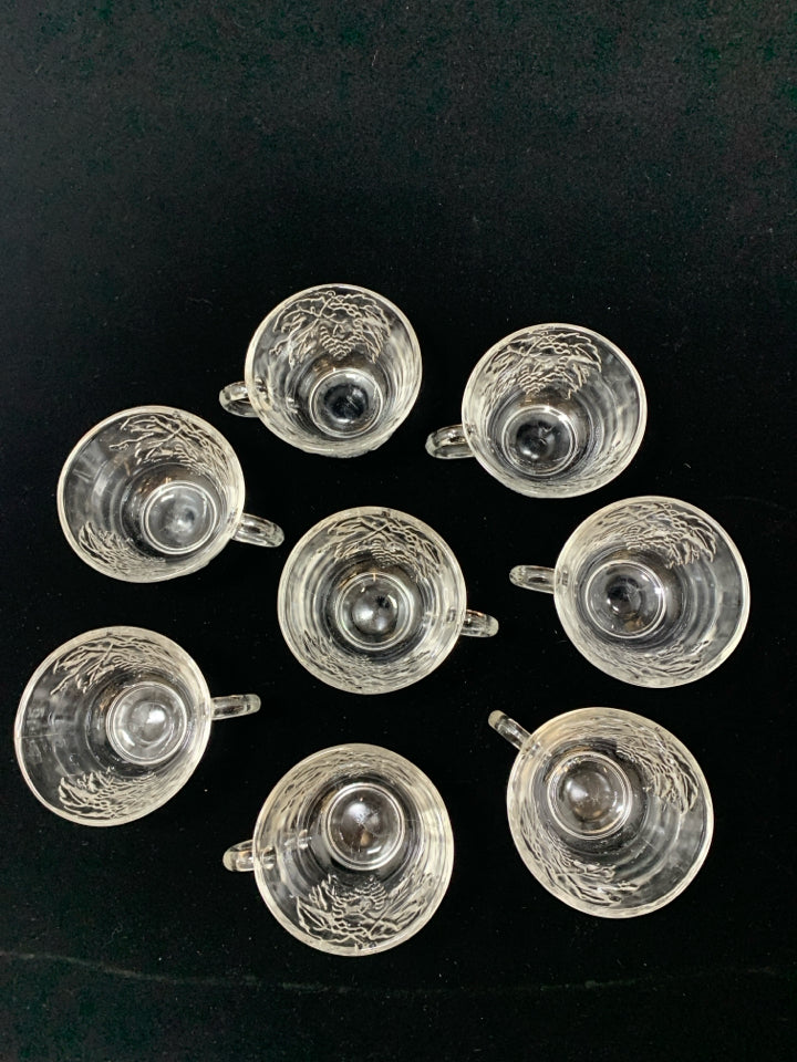 8 LEAF EMBOSSED CLEAR GLASS MUGS.