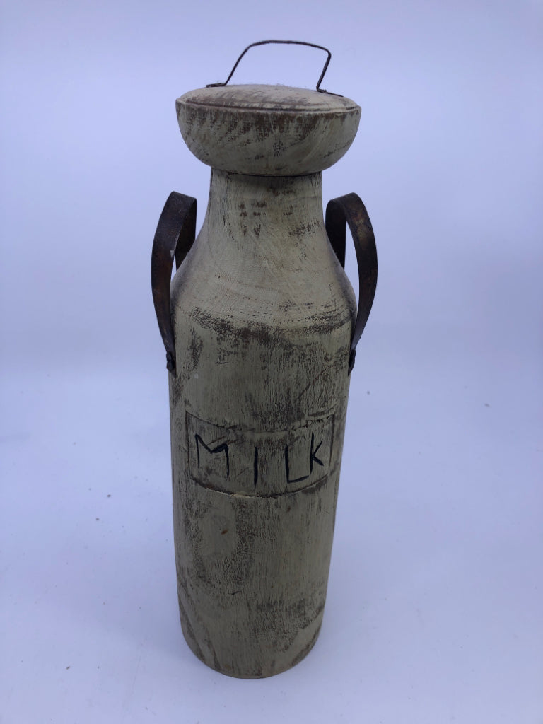 DISTRESSED WOOD MILK BOTTLE W HANDLES.
