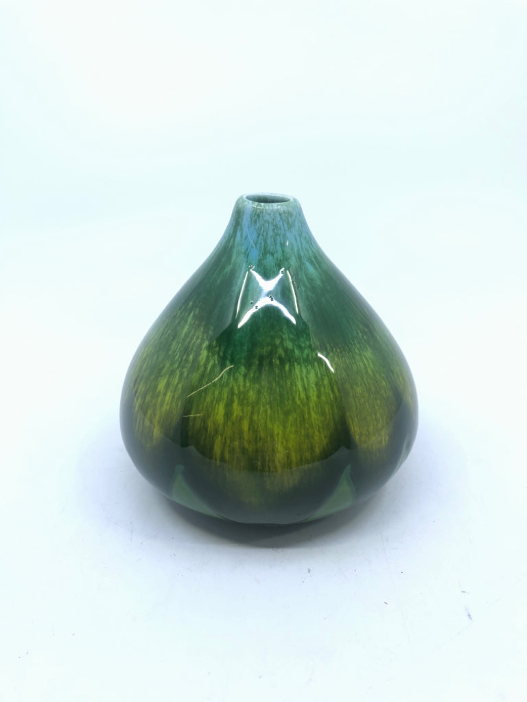 GREEN DRIP POTTERY VASE SMALL OPENING.