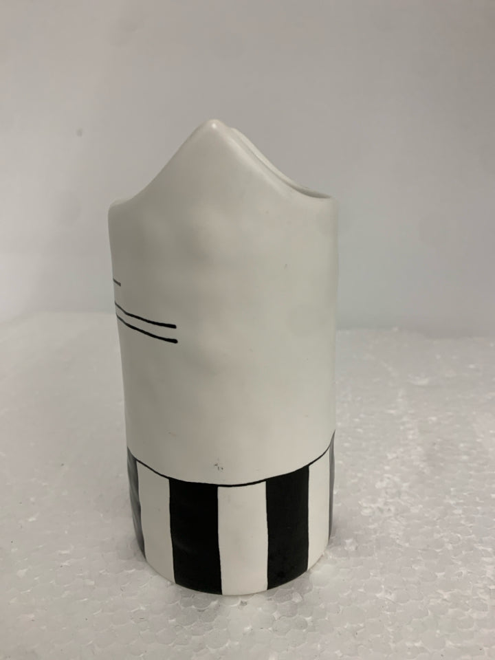 WHITE CERAMIC CAT SHAPED PENCIL CUP BLACK STRIPES.