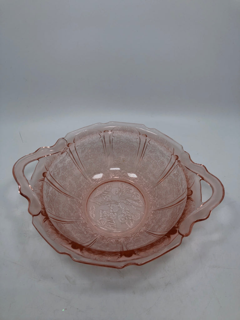 VTG PINK GLASS FLORAL ETCHED SERVING BOWL.
