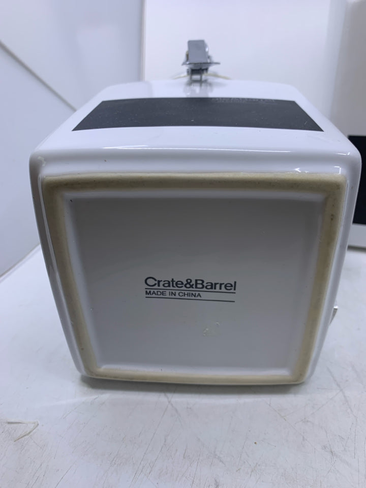 3 PC WHITE CANISTER SET W/ CHALK BOARD LABEL AND METAL SPOONS.