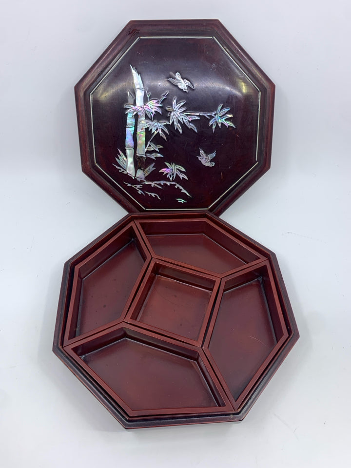 CHERRY WOOD OCTAGON COVER DISH W/ REMOVABLE DIVIDED INSERTS IRIDESCENT BAMBOO TR