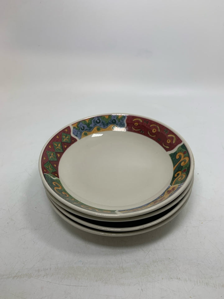 4 SHALLOW COLORFUL RIM BOWLS.