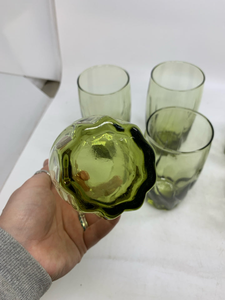 6 VTG AVOCADO GREEN SWIRL WAVE WATER GLASSES.