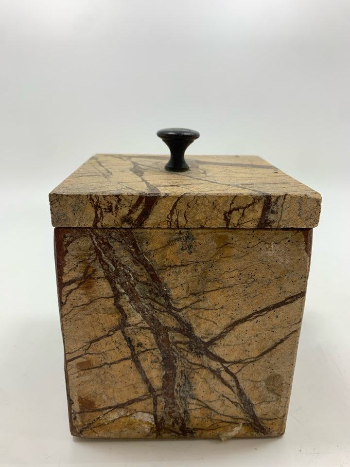 BROWN MARBLE SQUARE JAR W/LID.