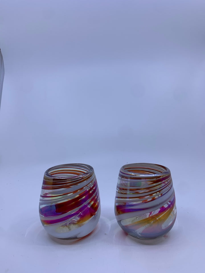 2 RED AND WHITE BLOWN GLASS WINE GLASSES.