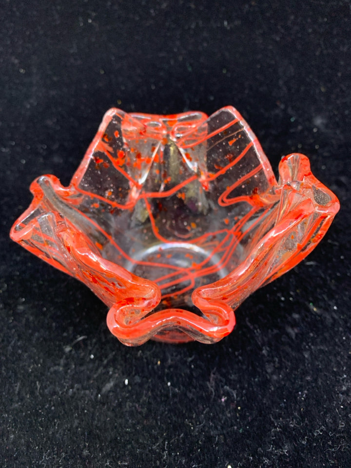SMALL GLASS RED PAINT STRIPE BOWL.