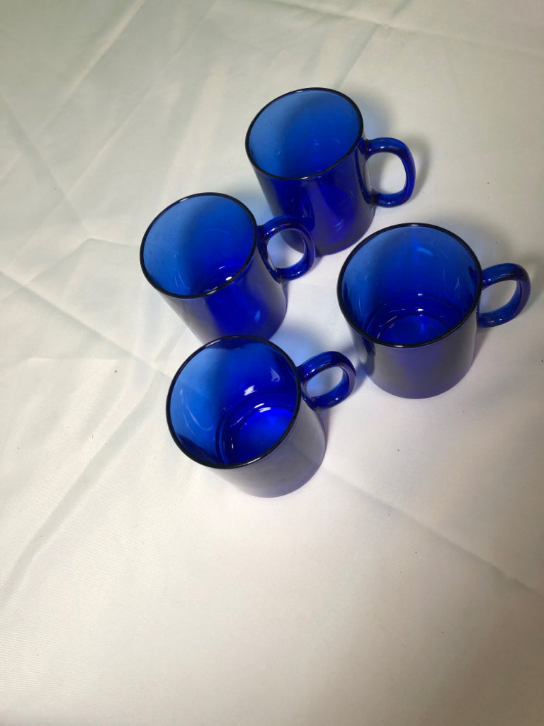 4 COBALT BLUE GLASS MUGS.