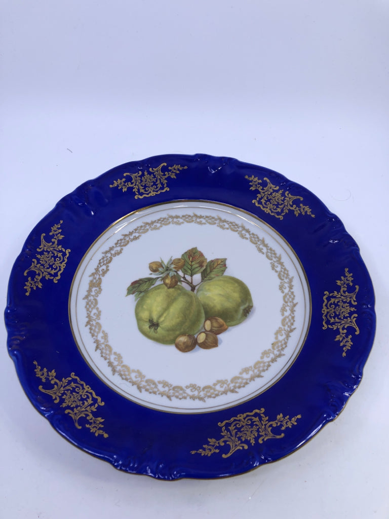BLUE & GOLD RIM PLATE W FRUIT.