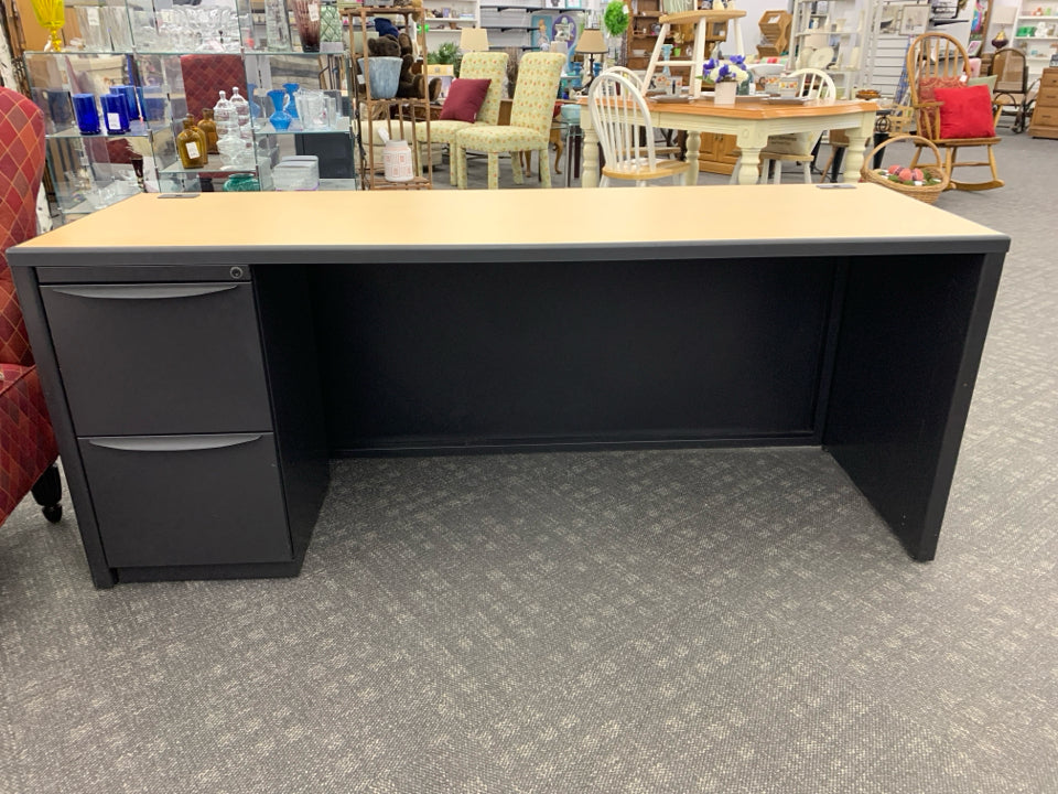 BLACK DESK W/ 2 FILING DRAWERS & WOODEN TOP.