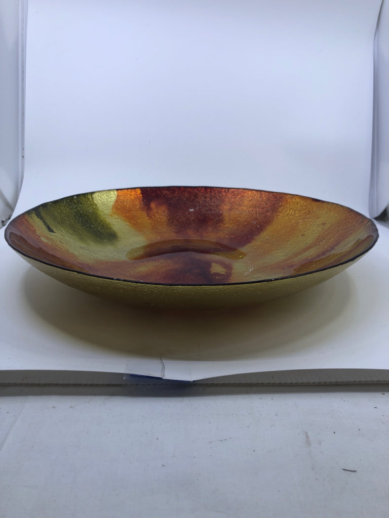 GOLD, RED, ORANGE GLASS CENTERPIECE BOWL.