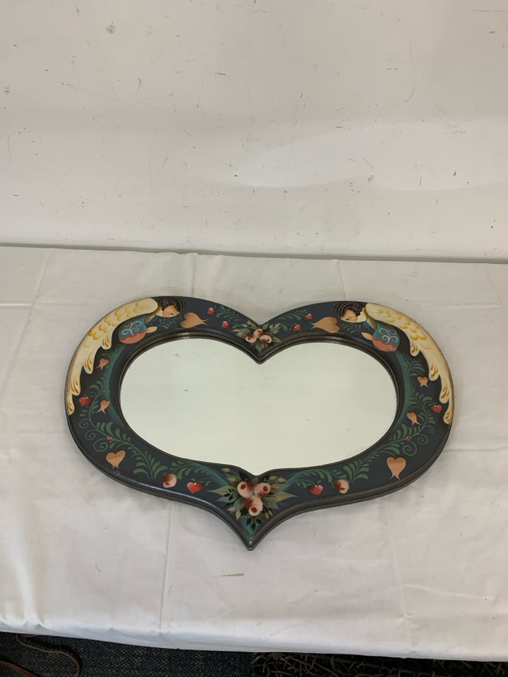 PRIMITIVE PAINTED HEART WALL HANGING MIRROR.