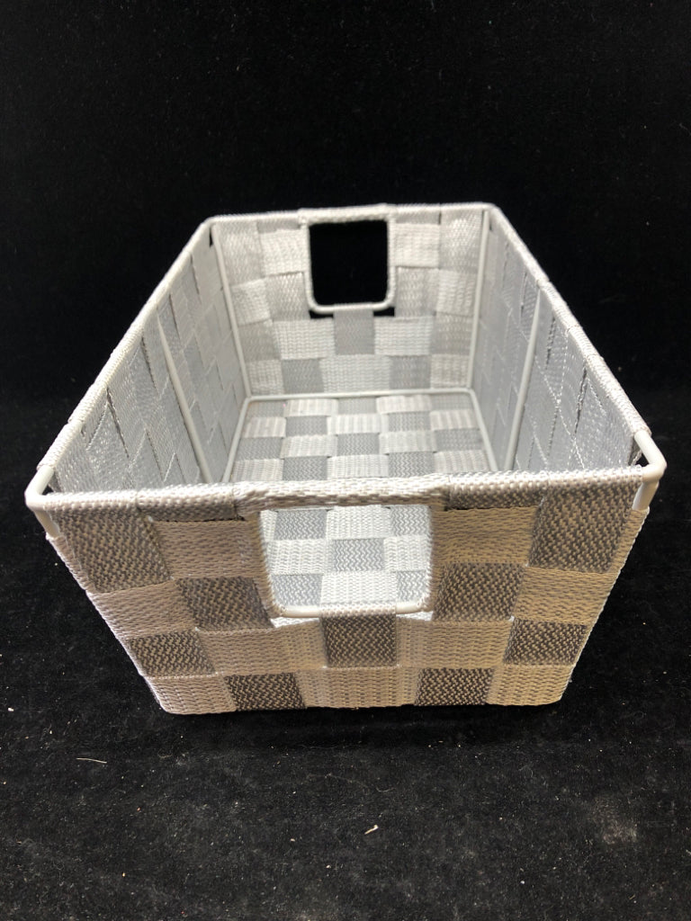 LIGHT GREY WOVEN FABRIC BASKET W/ HANDLES.