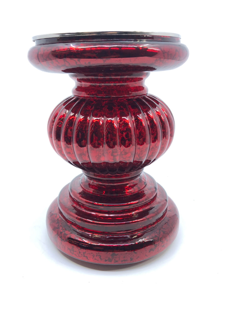 RED MERCURY GLASS LIGHT UP PILLAR CANDLE HOLDER.