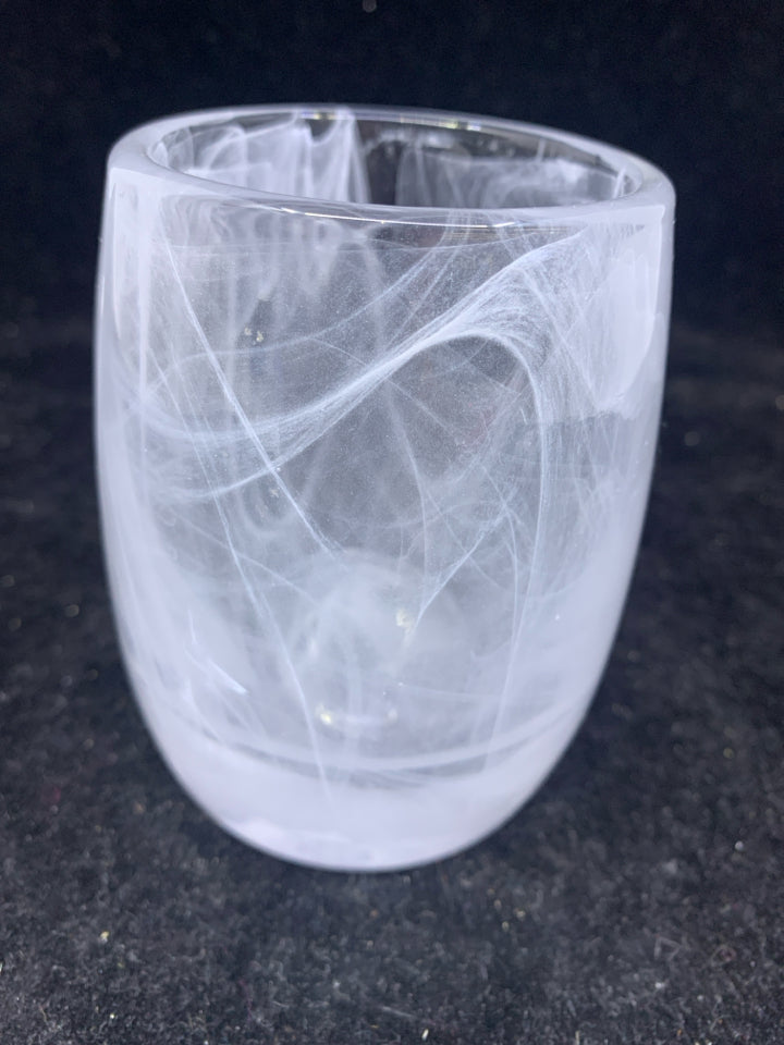 WHITE BLOWN GLASS VOTIVE HOLDER.