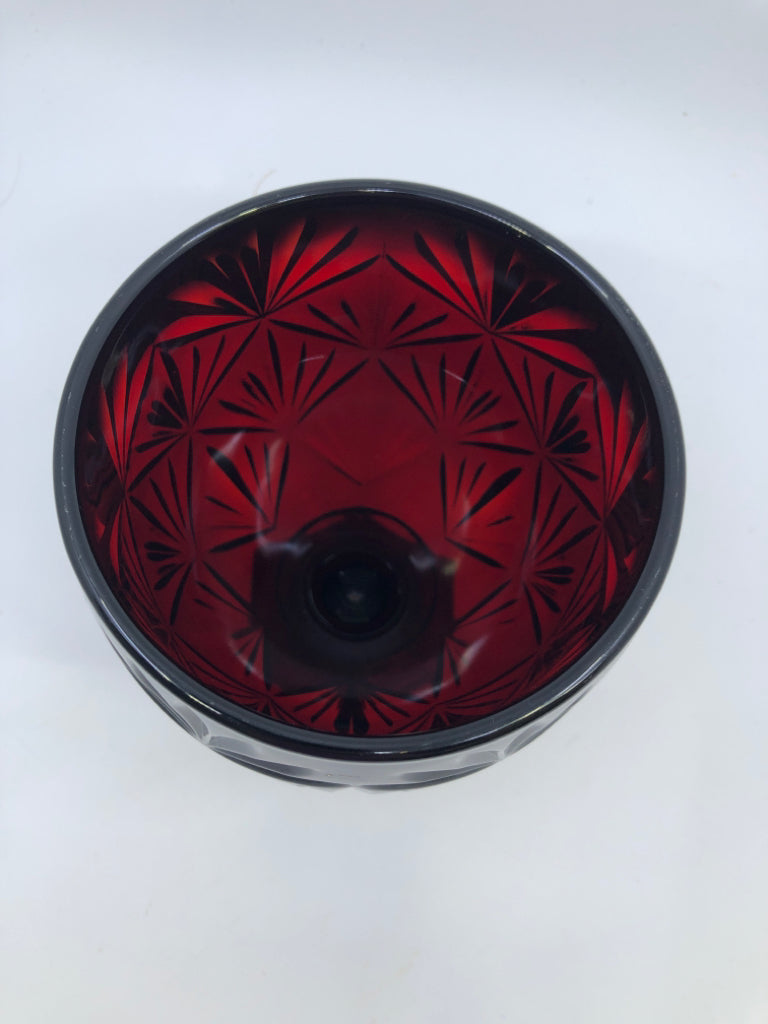 RED FOOTED EGG SHAPED CANISTER HARD CUT GLASS.