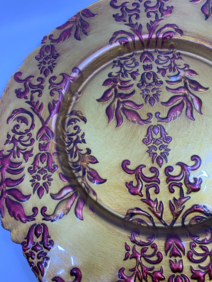 GOLD PLATTER W/RED EMBOSSED LEAVES & RAISED RIM.
