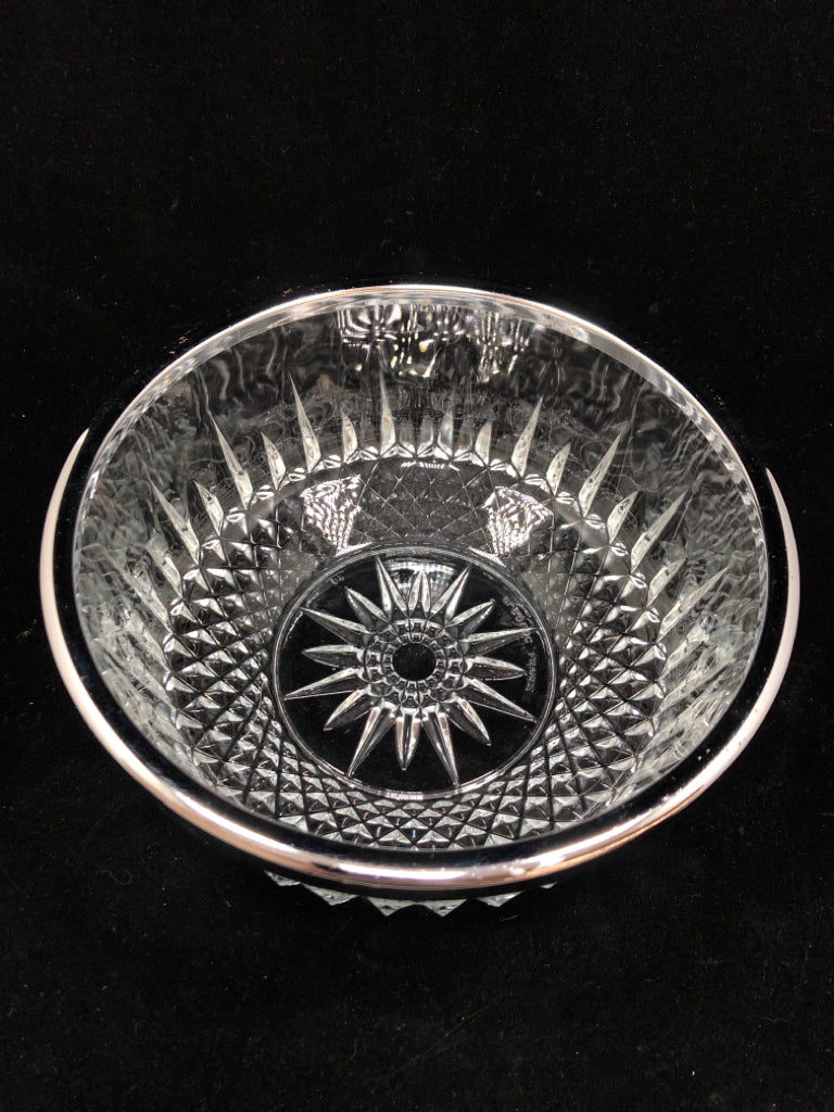CUT GLASS DIAMOND POINT BOWL W/SILVER RIM.