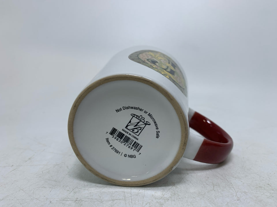 WHITE MUG W/ MONOGRAM J MAROON INSIDE.