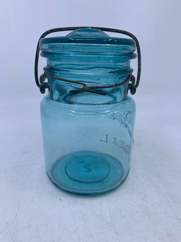 VTG BLUE GLASS BELL MASON JAR.