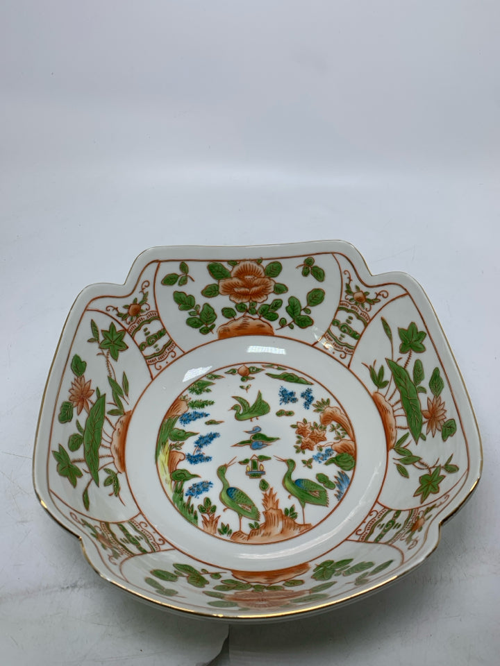 GREEN LEAVES ORANGE FLOWERS CRANE MOTIFS W/ GOLD TRIM.