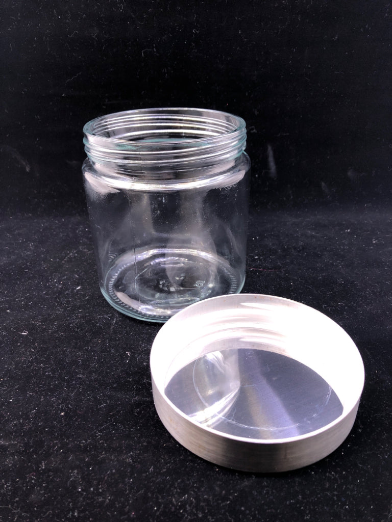 GLASS CANISTER W/METAL LID.