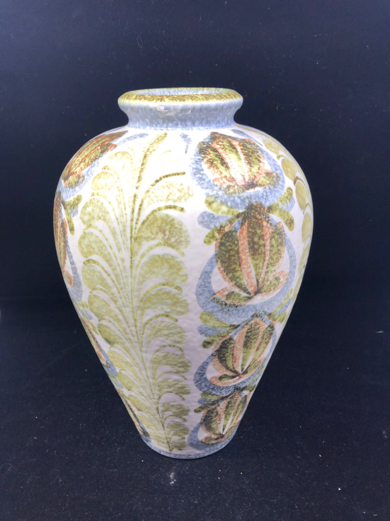 GREEN AND BLUE FLORAL GLYN COLLEDGE LEAVES VASE- SIGNED.