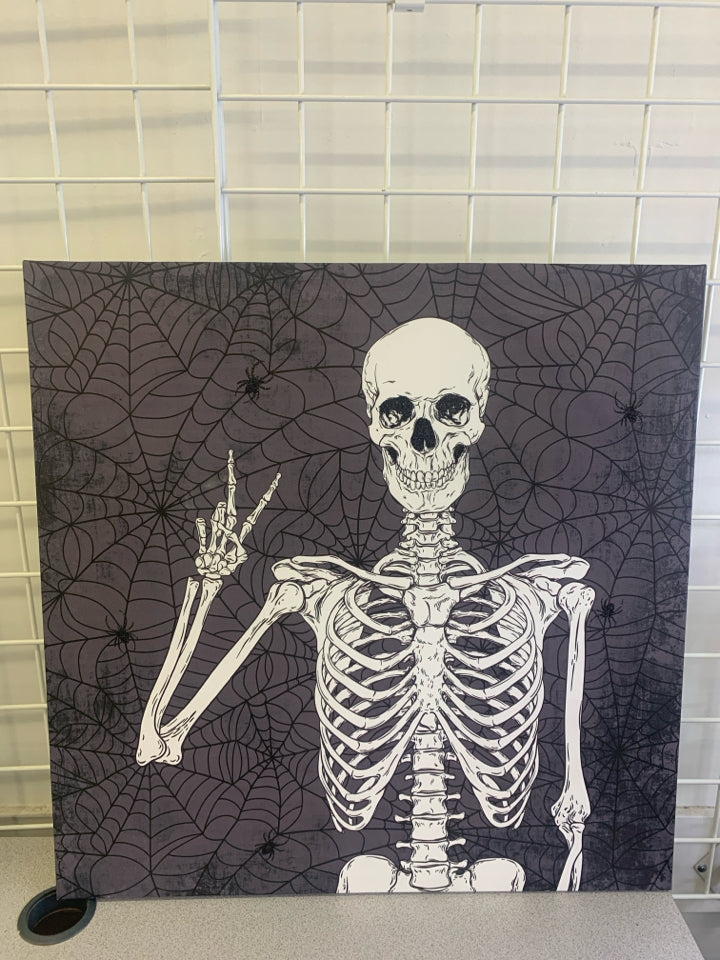 SKELTON THROWING UP PEACE SIGN SPIDER WEB BACKGROUND WALL CANVAS.