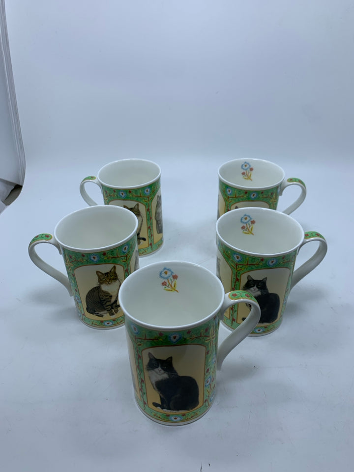 5 BONE CHINA ASSORTED CAT MUGS.