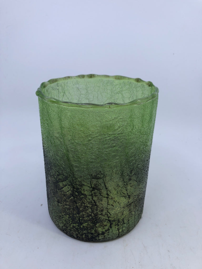 SHIMMER GREEN GLASS CANDLE HOLDER.
