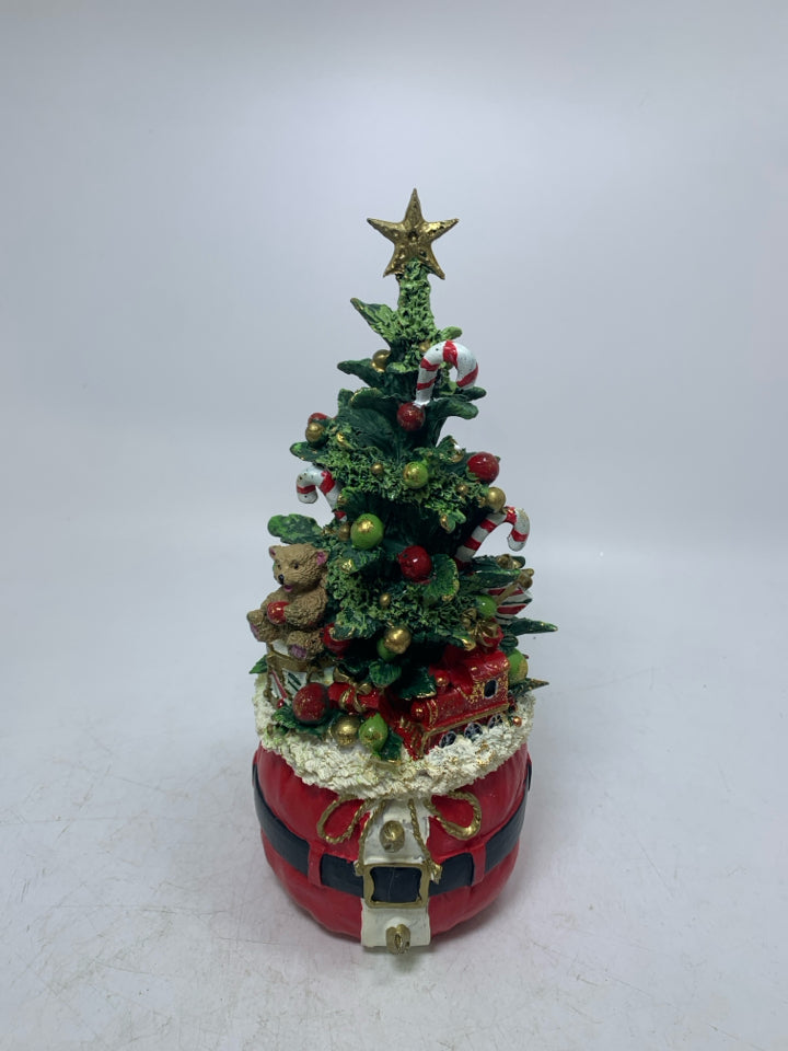RESIN SANTA SUIT BASE W/ DECORATED CHRISTMAS TREE.