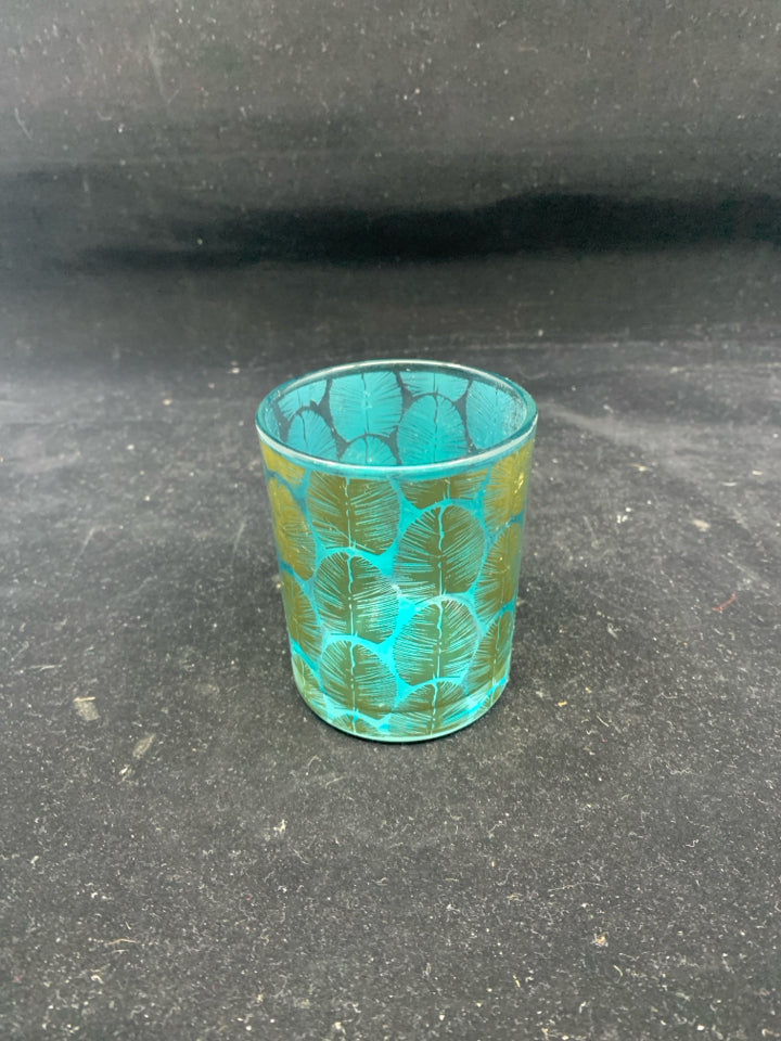 SMALL TEAL AND GOLD CANDLE HOLDER.