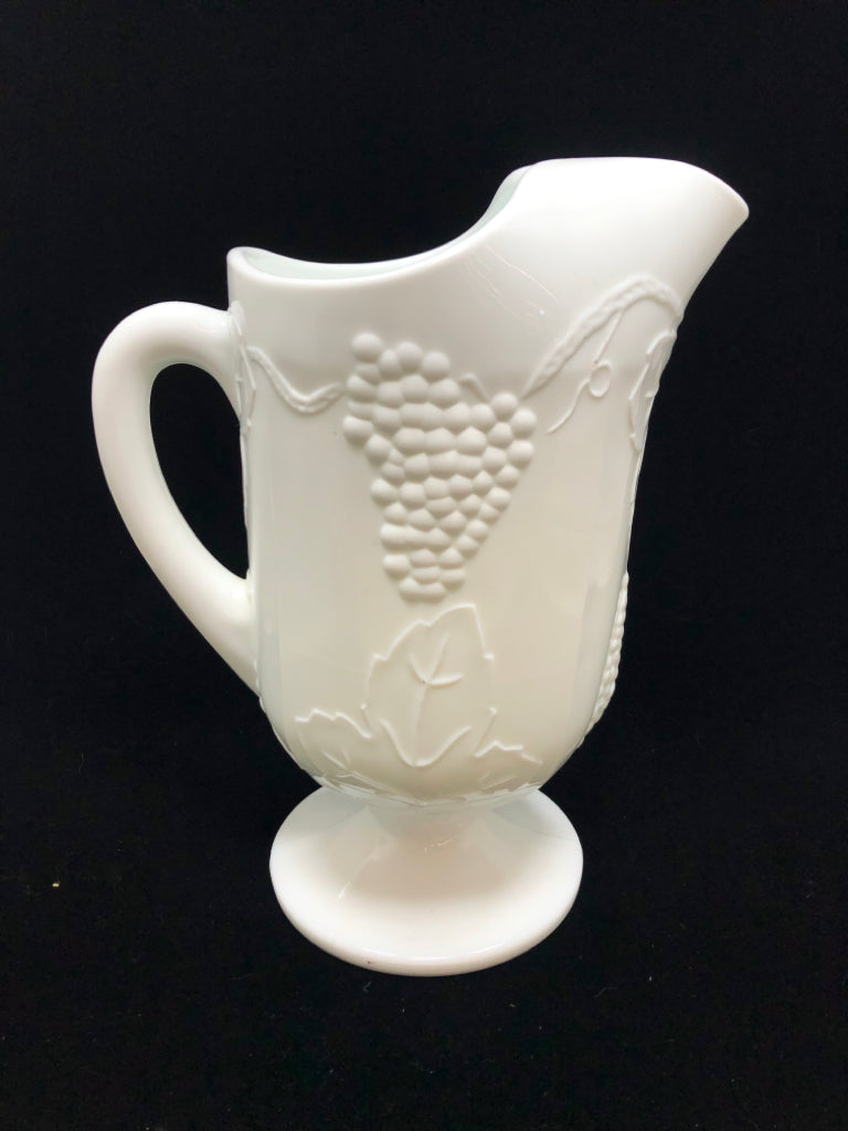 VTG EMBOSSED GRAPES MILK GLASS PITCHER.