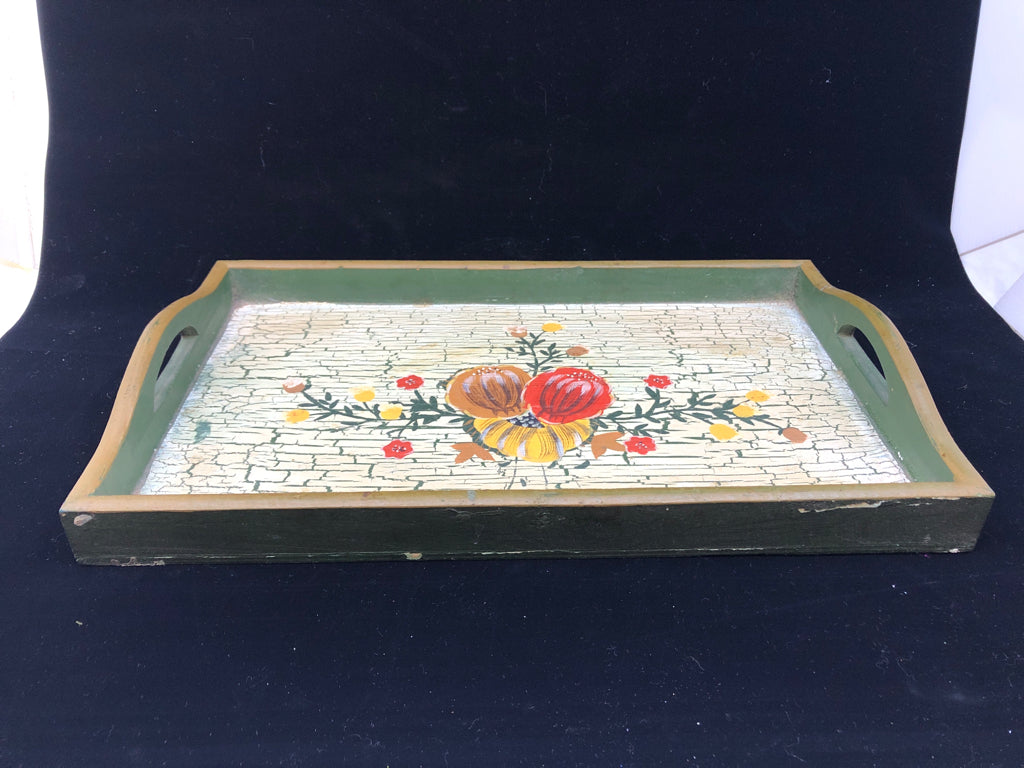 CRACKLE PUMPKIN PAINTED TRAY W HANDLES.