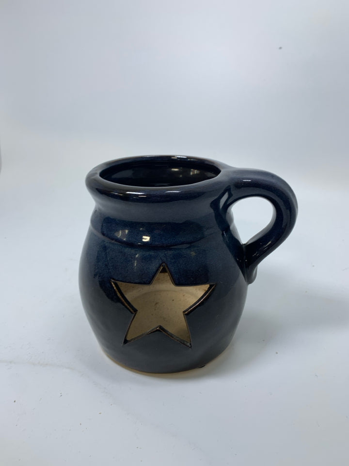 BLACK/BLUE CROCK W/ PIERCED STAR CANDLE HOLDER HANDLE.