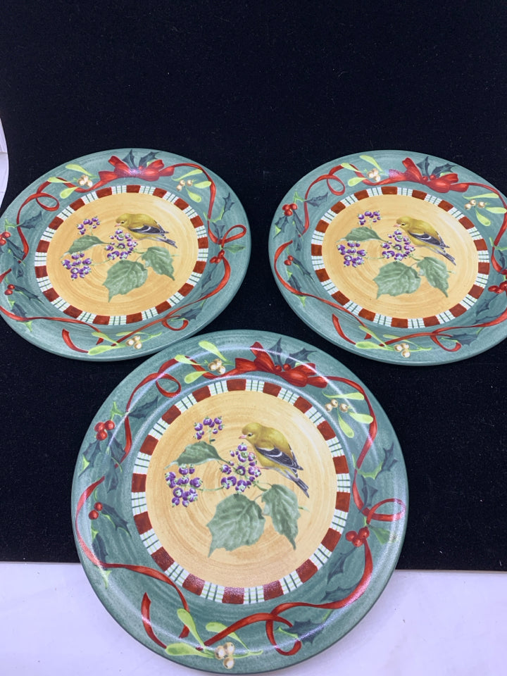 3 LENOX GOLD FINCH DINNER PLATES.
