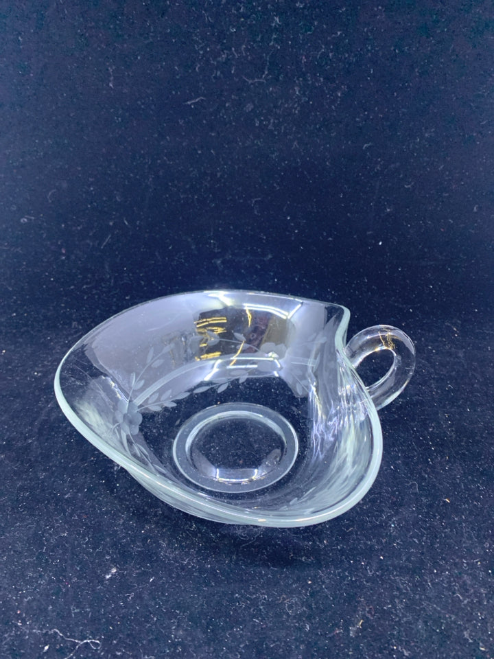 FLORAL ETCHED GLASS BOWL W HANDLE.