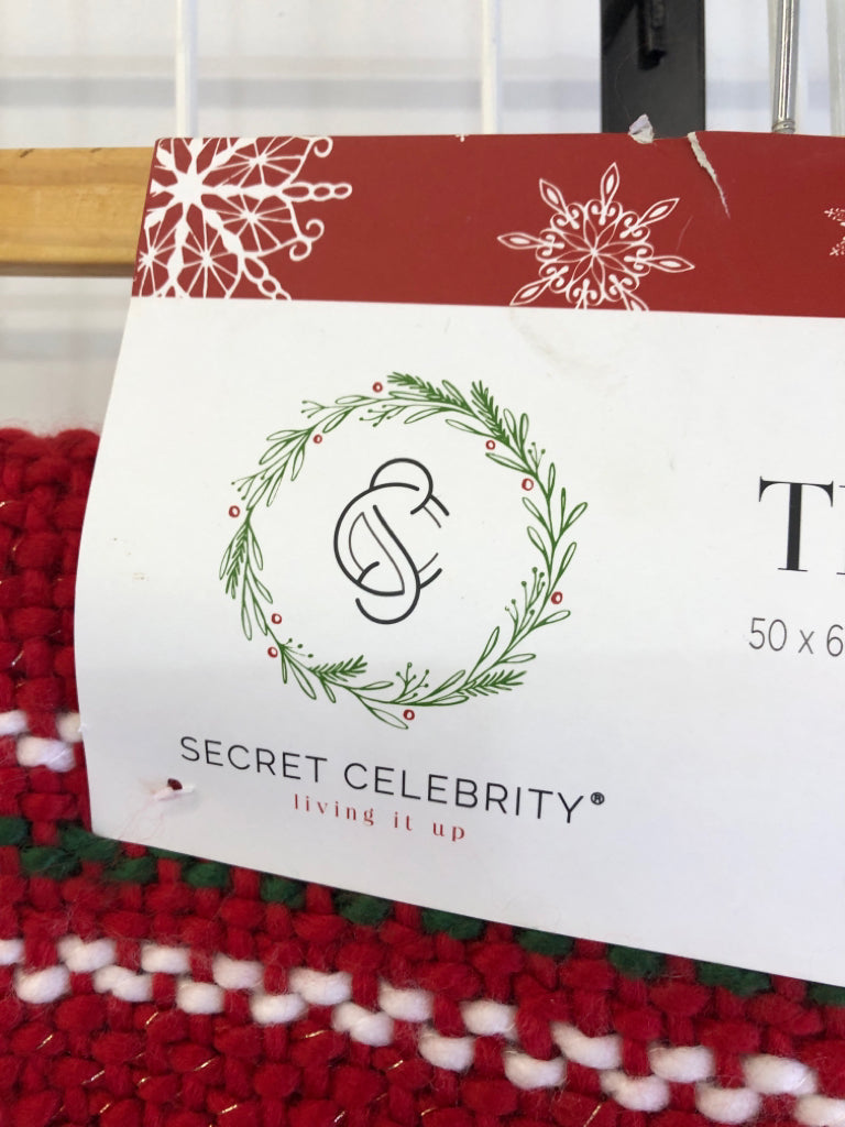 NEW RED CROCHET THROW GREEN, WHITE STRIPE.