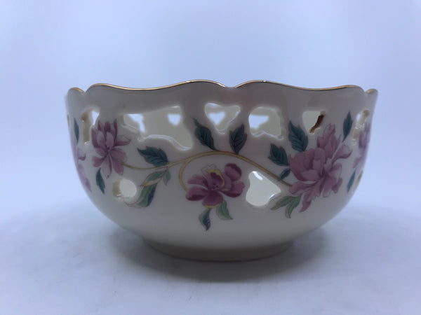 LENOX CREAM CUT OUT CANDY DISH W/ PINK FLOWERS.