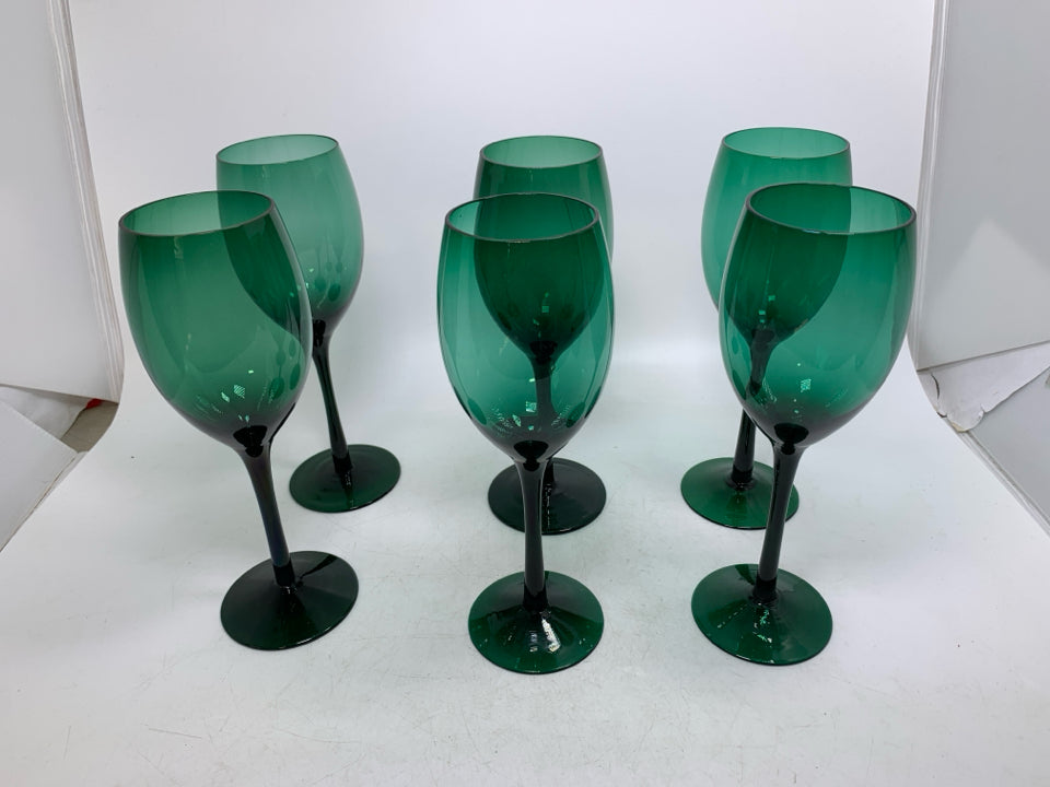 6 DARK GREEN WINE GLASSES.