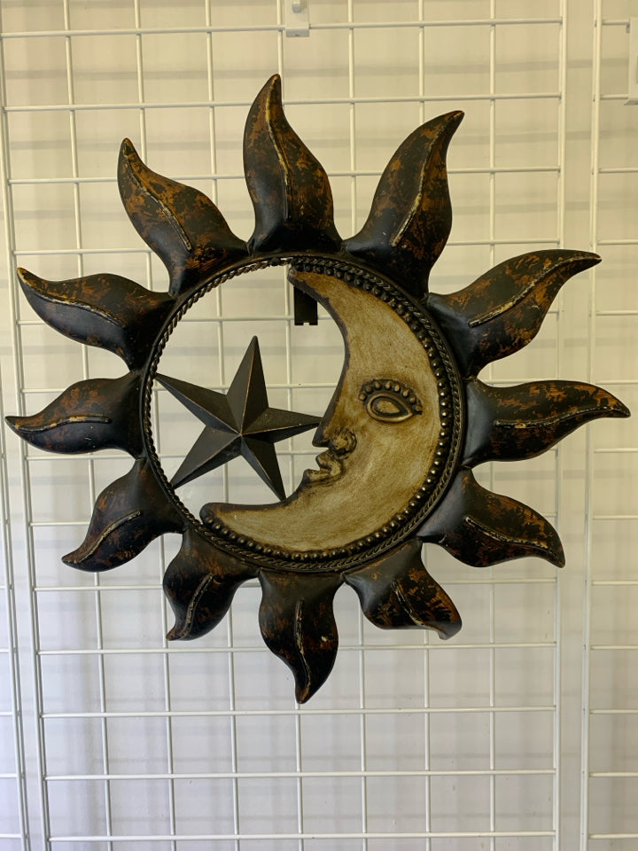 DISTRESSED BROWN METAL SUN, MOON AND STAR.
