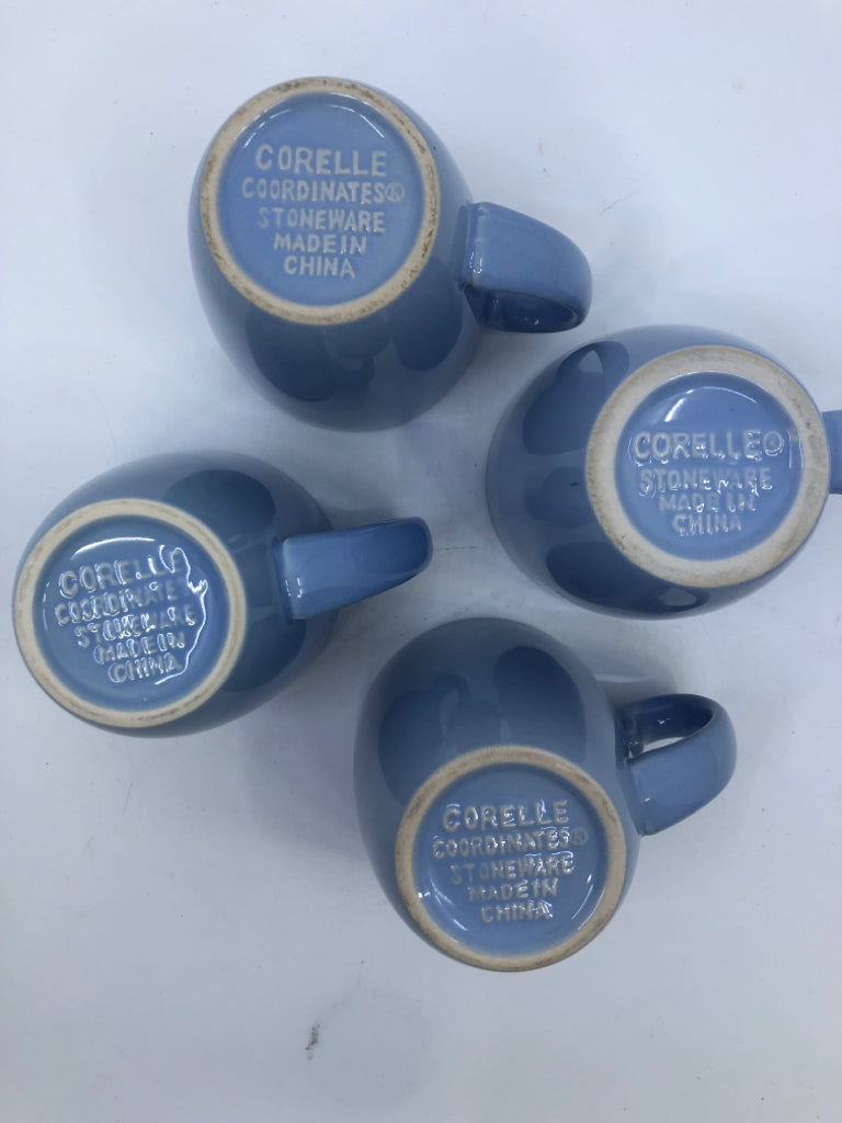 4 LIGHT BLUE CORELLE MUGS.