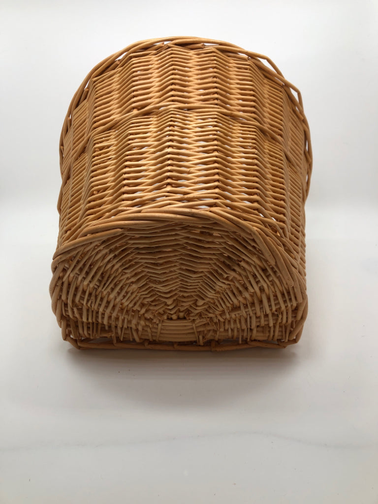 WICKER BIKE BASKET W/FAUX LEATHER STRAPS.