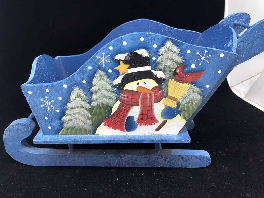 BLUE PAINTED SNOWMAN SLED.