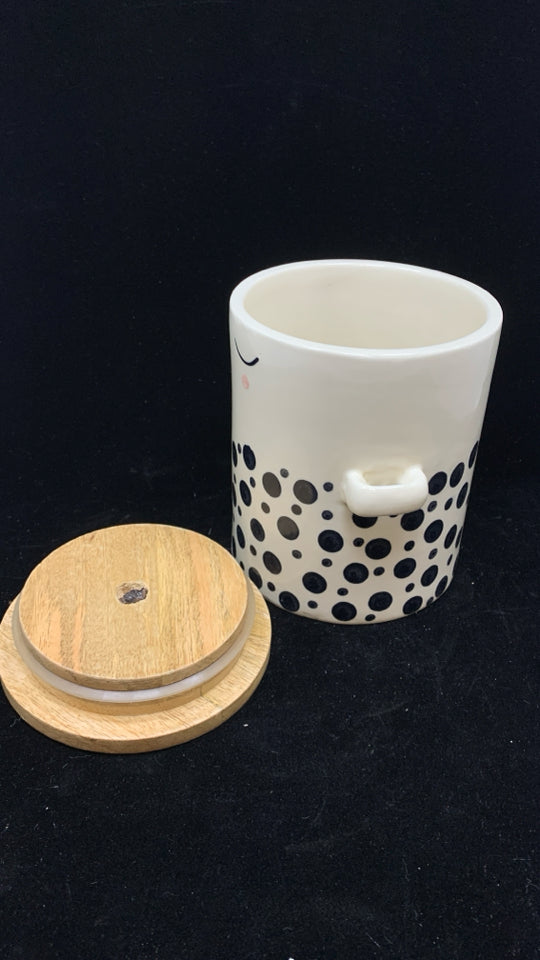 CERAMIC FACE PAINTED CANISTER W/BAMBOO LID.